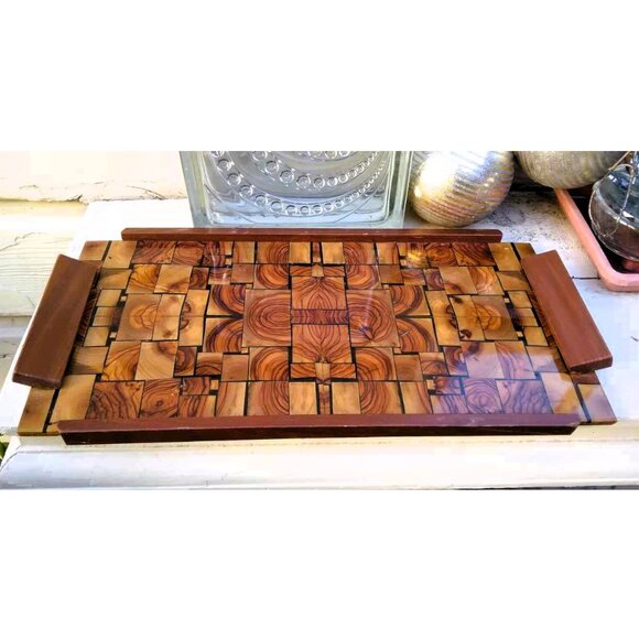 Accents Inlaid Lacquered Wood Serving Tray Square Checkerboard With